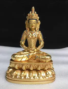 22 см Тибетское ремесло из чистой меди, Тантрическая Позолота, Украшение для Бронзовой статуи Будды Долголетия