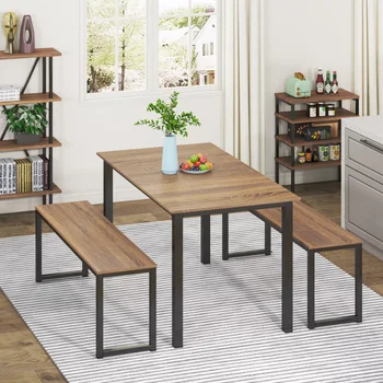 Homury Обеденный стол из 3 предметов, уголок для завтрака с двумя скамейками для столовой, кухни, промышленный Коричневый кухонный стол