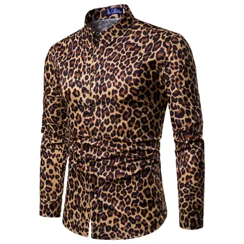 Мужская сексуальная рубашка с леопардовым принтом, модная мужская рубашка для ночного клуба, вечеринки, выпускного вечера, Тонкие гавайские рубашки с длинным рукавом
