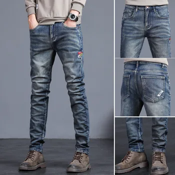 2023 Новые весенне-летние мужские джинсы Винтажные Синие Однотонные Эластичные Классические джинсы Мужские Узкие Модные джинсовые брюки Мужские 27-38