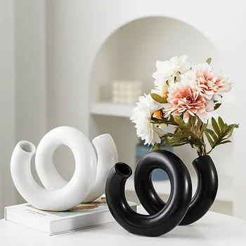Керамическая ваза, креативное украшение для дома, черно-белая вставка из гидропонных сушеных цветов с матовой глазурью