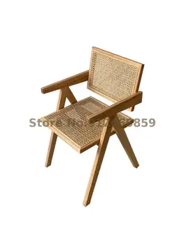 Обеденный стул из ротанга, скандинавский домашний ретро-стул со спинкой из массива дерева, дизайнерский шезлонг с балконным подлокотником из Чандигарха
