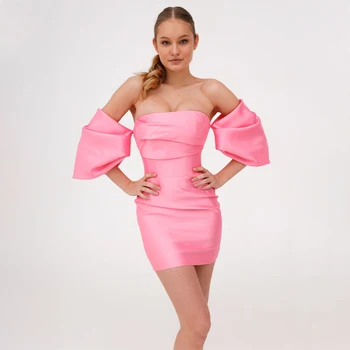 Мини-коктейльное платье Розовое атласное Коктейльное платье-футляр без бретелек с открытыми плечами для женщин, вечернее платье с короткими пышными рукавами и открытой спиной