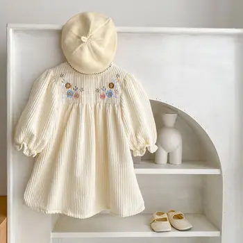 Весеннее платье для девочки с вышитым кружевным воротником и пузырчатым длинным рукавом, детские вещи, платье для младенцев, праздничная одежда