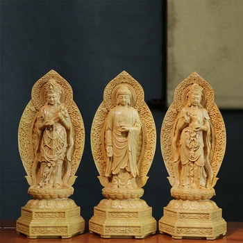 3 Будды Резьба По Дереву Статуя Украшение Дома Буддийский Амитабха Гуаньинь Бодхисаттва Фэн-Шуй